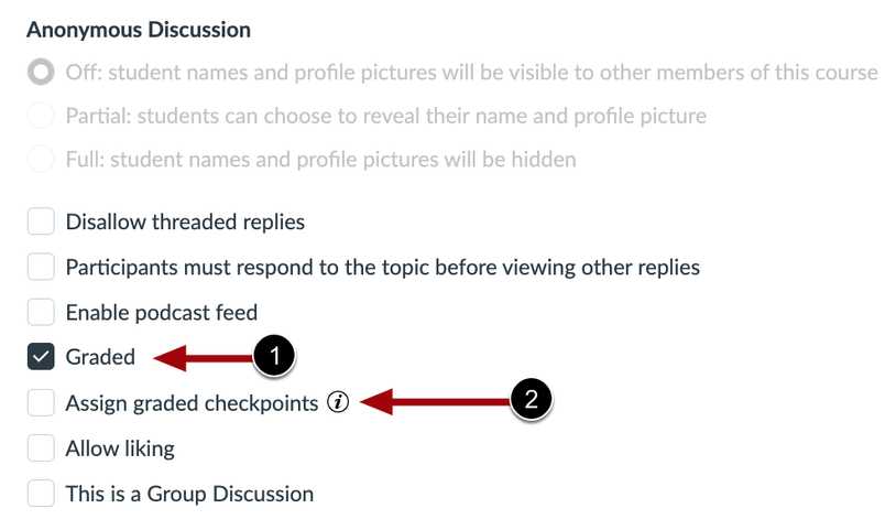 Screenshot indicating to check the "graded" checkbox and the "assign graded checkpoints" checkbox to enable discussion checkpoints.